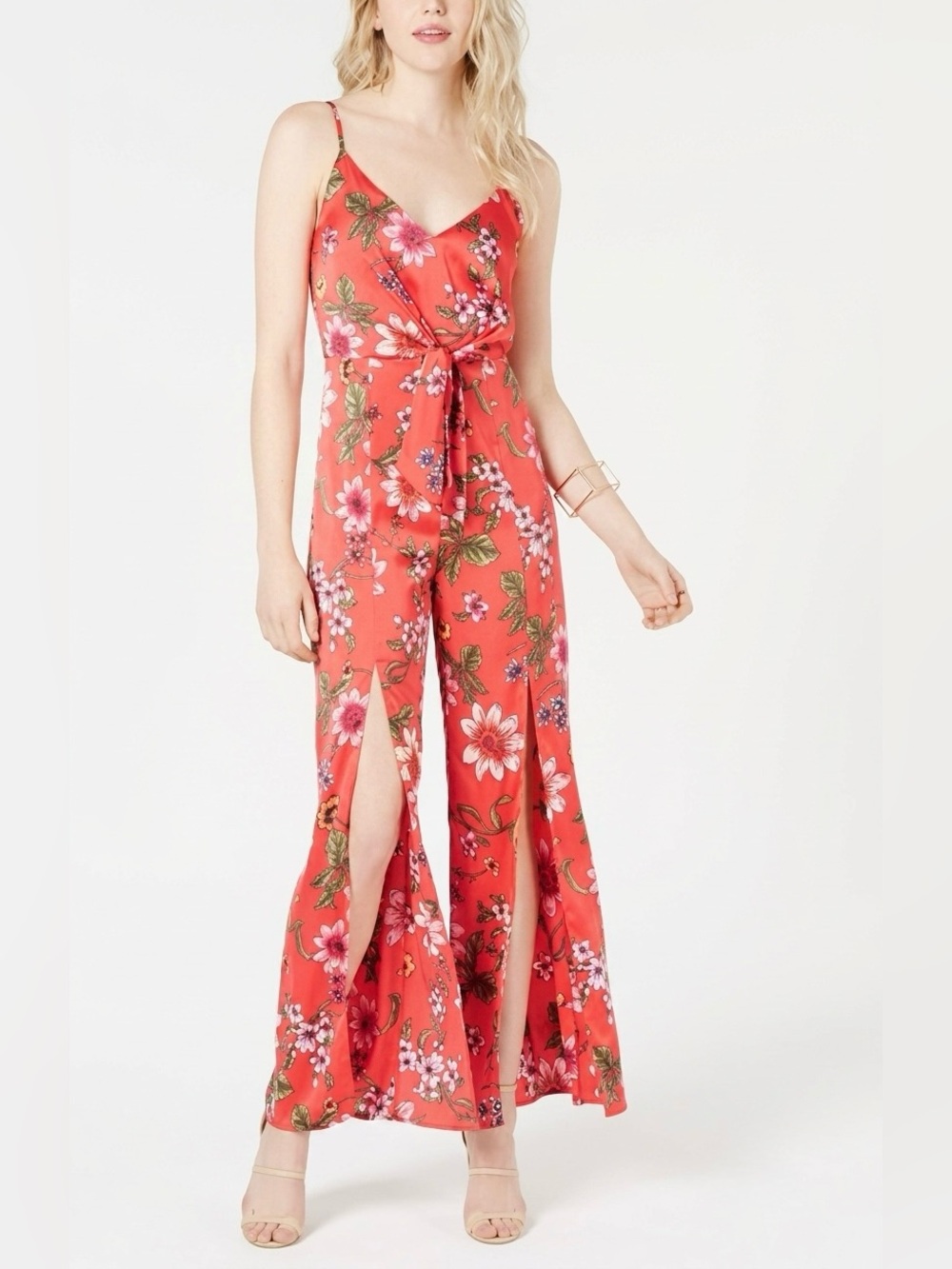 GUESS Red Floral Sleeveless Tie-Front Jumpsuit Size 2